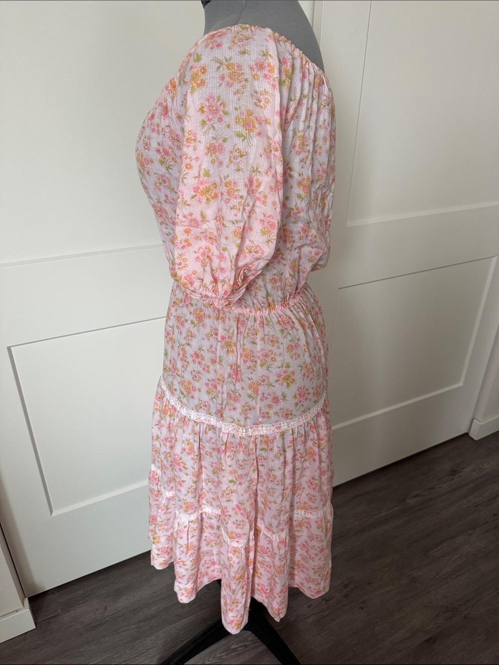 Vintage 70s Pink Floral Peasant Midi Dress - Picture 2 of 11